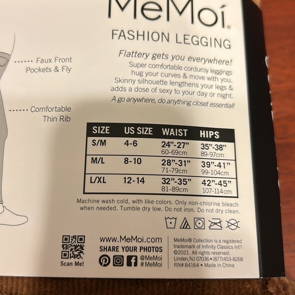 🆕 NWT MeMoi Thin-Rib Stretch Corduroy Leggings size S/M Brown “bison” - Picture 3 of 4